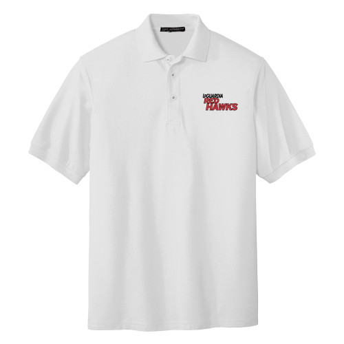 White Silk Touch Polo-LaGuardia Red Hawks Wordmark