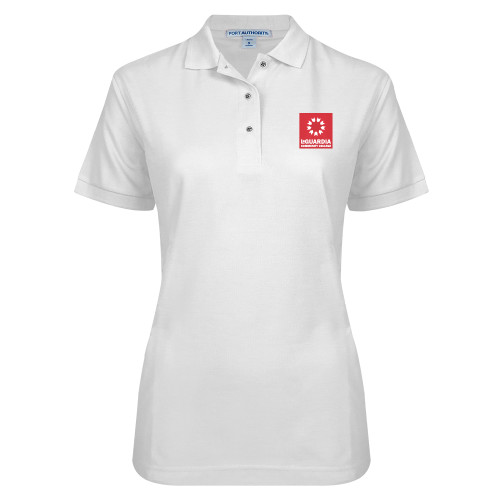 Womens Silk Touch White Pique Polo-LaGuardia CC Square Mark