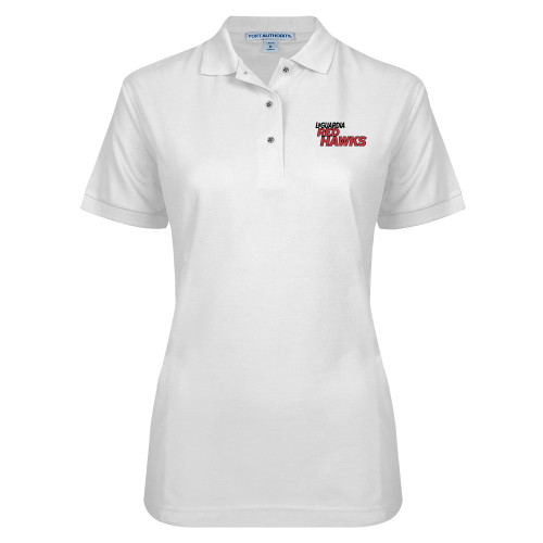 Womens Silk Touch White Pique Polo-LaGuardia Red Hawks Wordmark