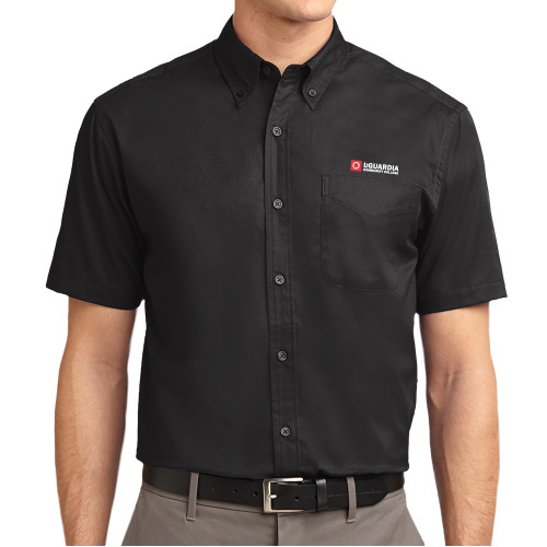 Black Twill Button Down Short Sleeve-LaGuardia CC Flat Wordmark