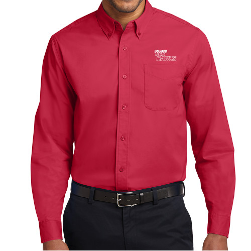 Red Twill Button Down Long Sleeve-LaGuardia Red Hawks Wordmark