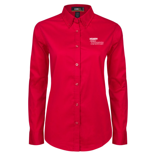 Womens Red Twill Button Down Long Sleeve -LaGuardia Red Hawks Wordmark