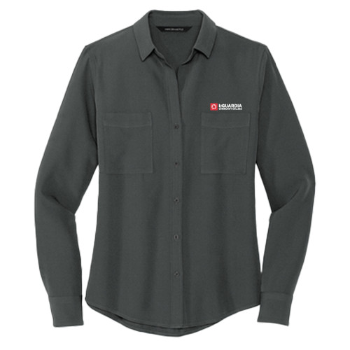 Mercer + Mettle Womens Grey Crepe Long Sleeve Camp Blouse-LaGuardia CC Flat Wordmark