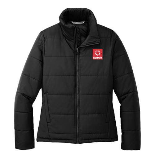Womens Black Puffer Jacket-LaGuardia CC Square Mark