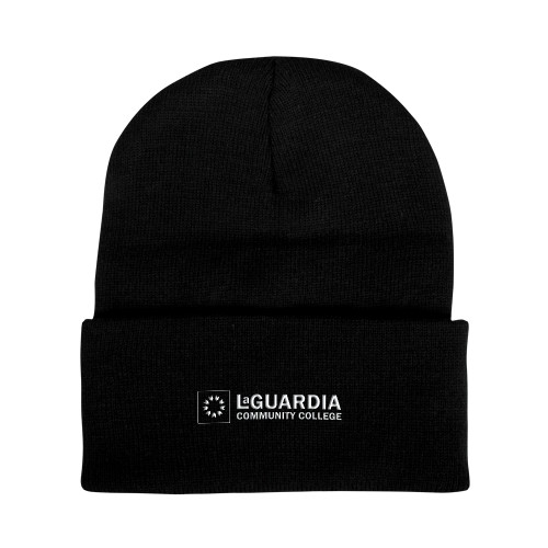 Black Knit Beanie w/Cuff-LaGuardia CC Flat Wordmark