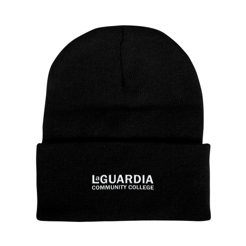 Black Knit Beanie w/Cuff-LaGuardia CC Wordmark