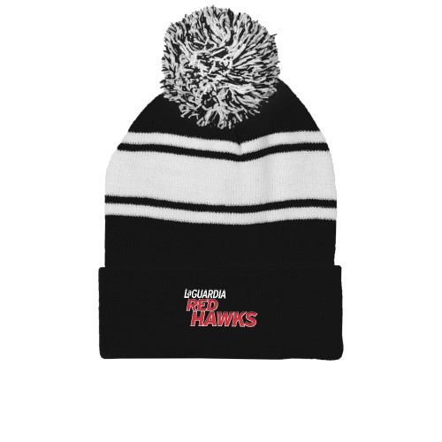 Black/White Two Tone Knit Pom Beanie w/Cuff-LaGuardia Red Hawks Wordmark