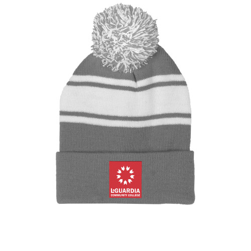 Grey/White Two Tone Knit Pom Beanie w/Cuff-LaGuardia CC Square Mark