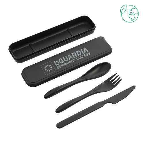Bamboo Fiber Black Cutlery Set-LaGuardia CC Flat Wordmark Reversed Engraved