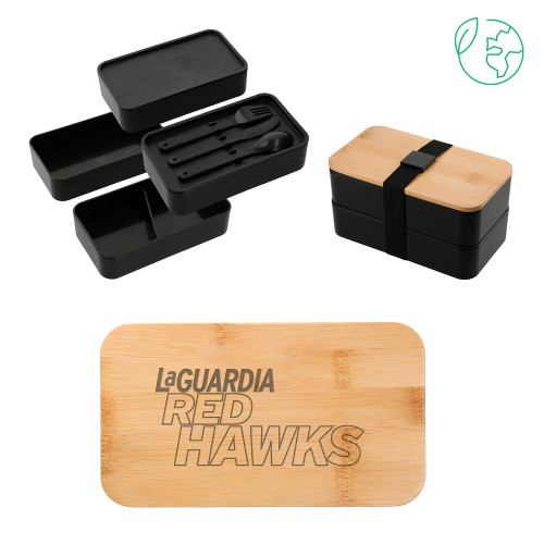 Stackable Bamboo Fiber Black Bento Box-LaGuardia Red Hawks Wordmark Engraved