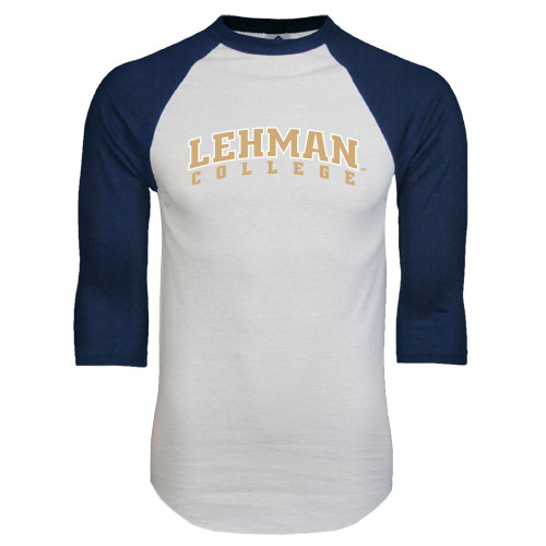 College White/Navy Raglan Baseball T Shirt-Arched Lehman College