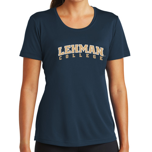 College Womens Navy Performance Tee-Arched Lehman College