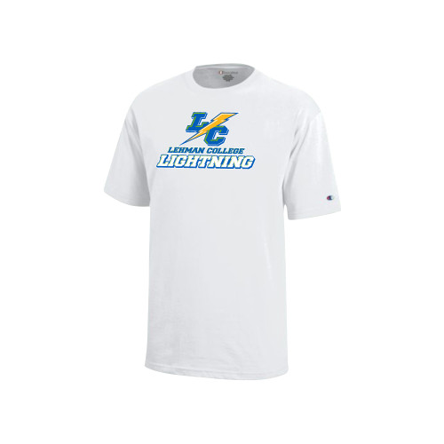 Champion Youth White Short Sleeve Tee-LC Lehman College Lightning Stacked