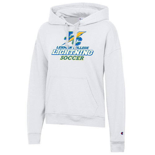 Champion Womens White Powerblend Pullover Hood-Lehman College Soccer