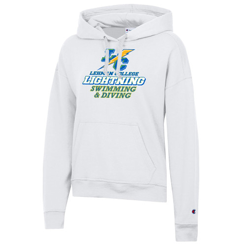 Champion Womens White Powerblend Pullover Hood-Lehman College Swimming and Diving