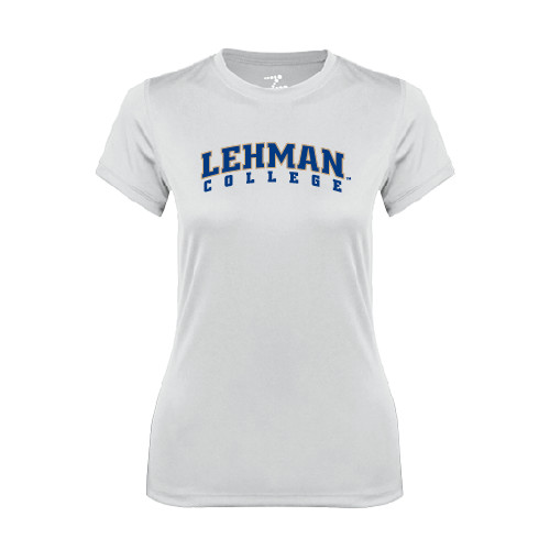 College Womens White Performance Tee-LC Lehman College Lightning Stacked