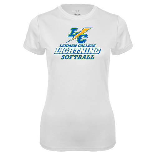 College Womens White Performance Tee-Lehman College Softball