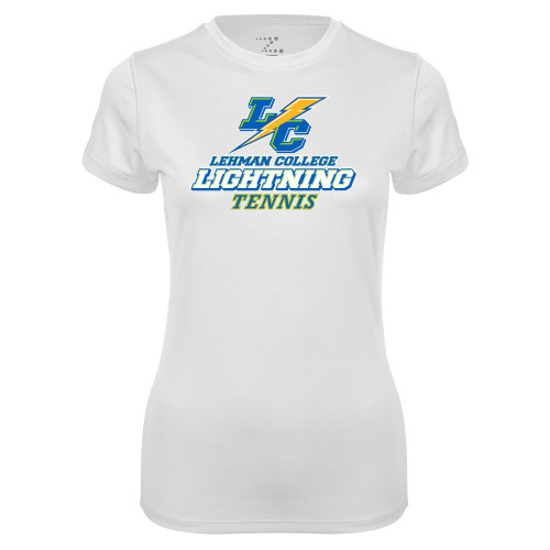 College Womens White Performance Tee-Lehman College Tennis