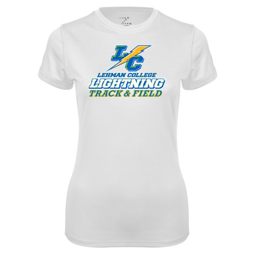 College Womens White Performance Tee-Lehman College Track and Field