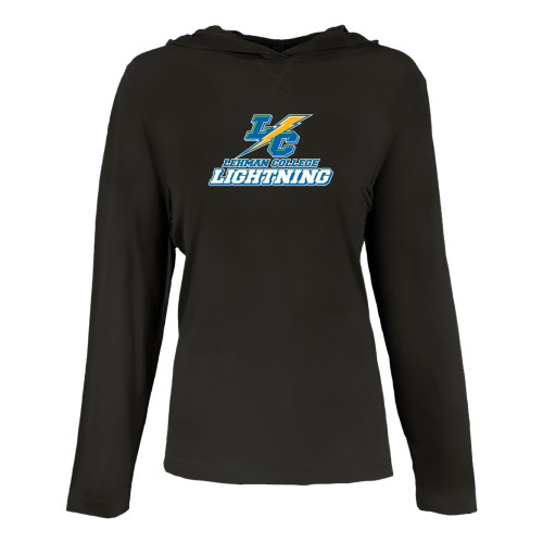 Womens Black Long Sleeve Hooded Tee-LC Lehman College Lightning Stacked