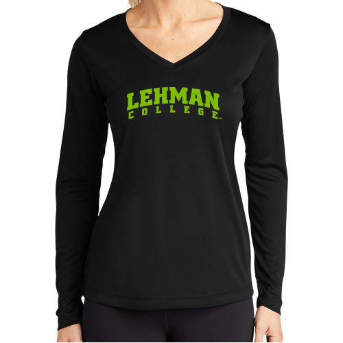 Womens Black Performance Long Sleeve V Neck Shirt-Arched Lehman College