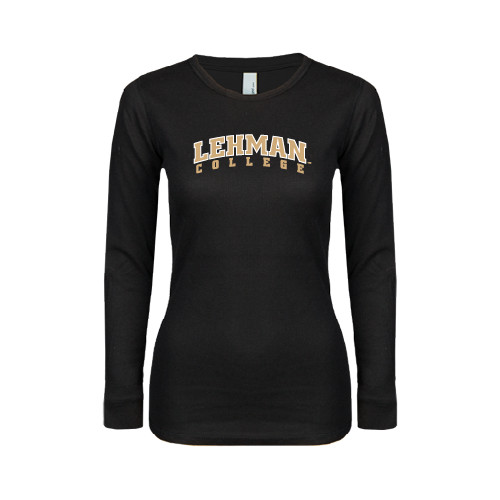 College Womens Black Long Sleeve V Neck Tee -Arched Lehman College