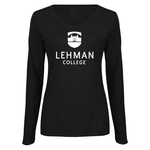 Womens Black Long Sleeve V Neck Tee -Lehman College Stacked
