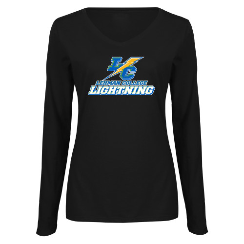 Womens Black Long Sleeve V Neck Tee -LC Lehman College Lightning Stacked