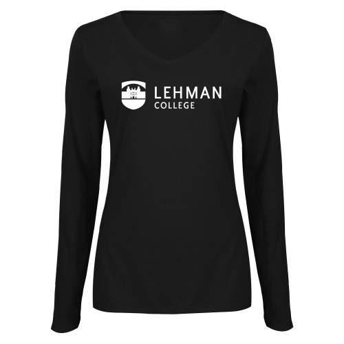 Womens Black Long Sleeve V Neck Tee -Lehman College Horizontal