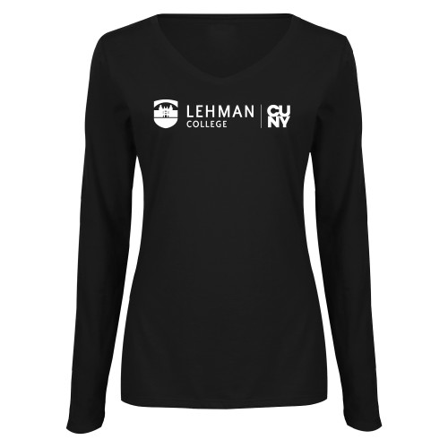 Womens Black Long Sleeve V Neck Tee -Lehman College CUNY