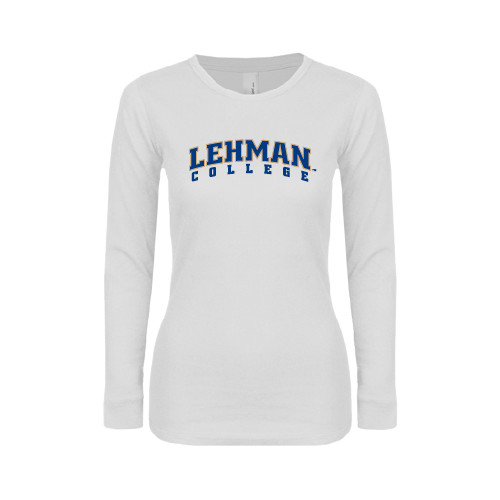College Womens White Long Sleeve V Neck Tee-LC Lehman College Lightning Stacked
