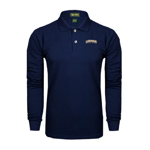 College Navy Long Sleeve Polo-Arched Lehman College