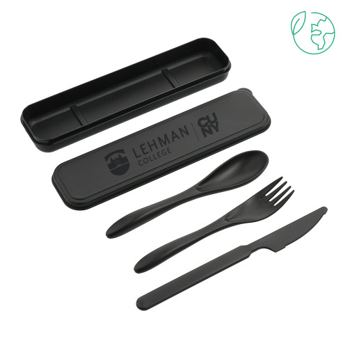 College Bamboo Fiber Black Cutlery Set-Lehman College CUNY Horizontal Engraved