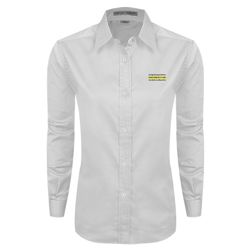 Womens White Twill Button Down Long Sleeve-Official Logo