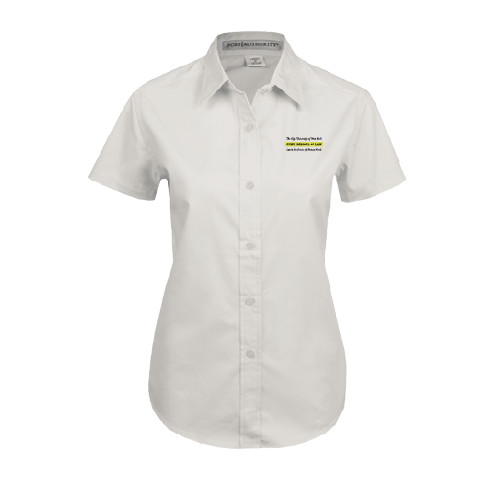 Womens White Twill Button Up Short Sleeve-Official Logo