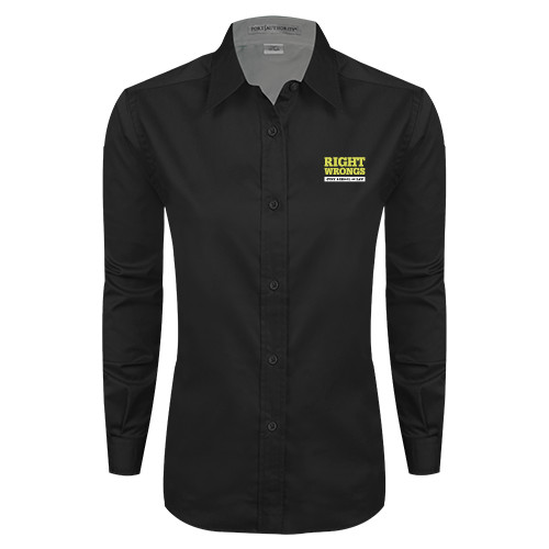 Womens Black Twill Button Down Long Sleeve -Right Wrongs