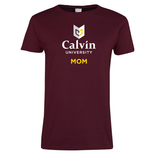  Womens Maroon Short Sleeve Tee - Mom University Logo Vertical