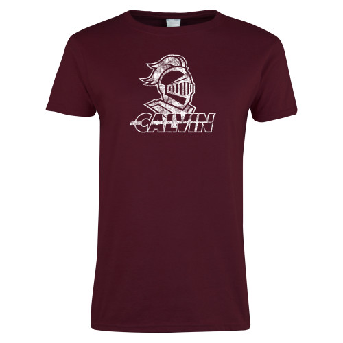  Womens Maroon Short Sleeve Tee - Knight Calvin Distressed