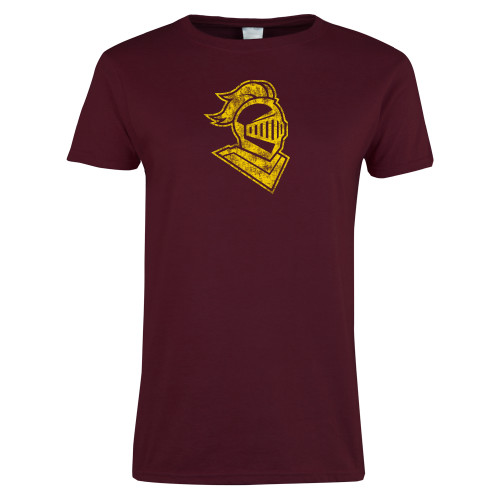  Womens Maroon Short Sleeve Tee - Knight Head Distressed