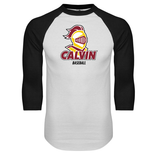  White/Black Raglan Baseball T Shirt - Baseball Stacked