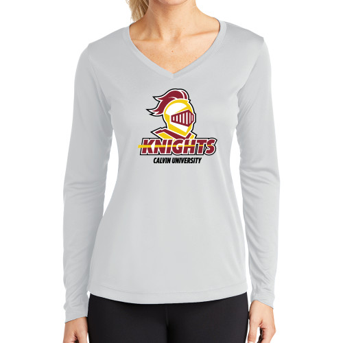  Womens White Performance Long Sleeve V Neck Shirt - Knights with University