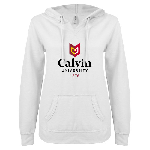  ENZA Womens White V Notch Raw Edge Fleece Hoodie - University Logo 1876 Vertical