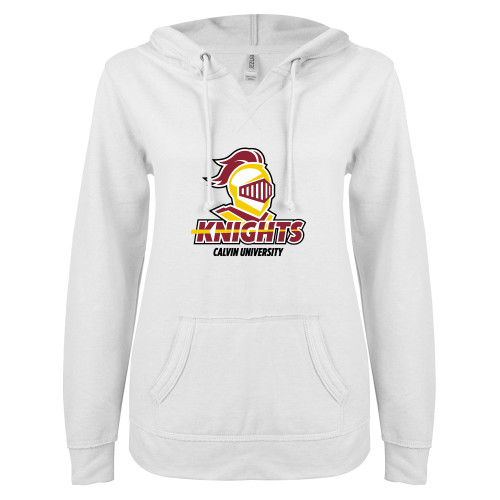  ENZA Womens White V Notch Raw Edge Fleece Hoodie - Knights with University