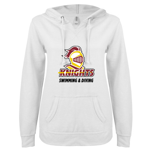  ENZA Womens White V Notch Raw Edge Fleece Hoodie - Knights Swimming and Diving