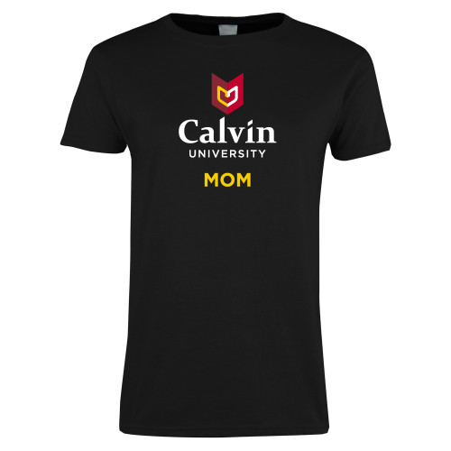  Womens Black Short Sleeve Tee - Mom University Logo Vertical