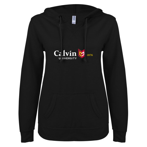  ENZA Womens Black V Notch Raw Edge Fleece Hoodie - University Logo 1876 Horizontal