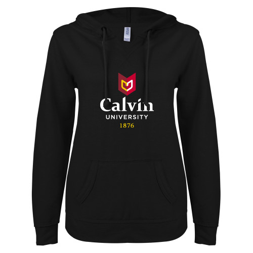  ENZA Womens Black V Notch Raw Edge Fleece Hoodie - University Logo 1876 Vertical