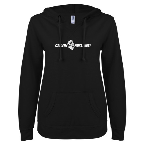  ENZA Womens Black V Notch Raw Edge Fleece Hoodie - Calvins Mens Rugby Horizontal