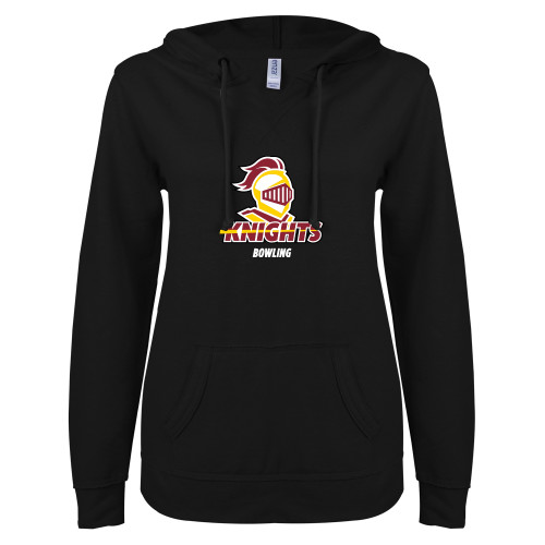  ENZA Womens Black V Notch Raw Edge Fleece Hoodie - Calvins Bowling Stacked