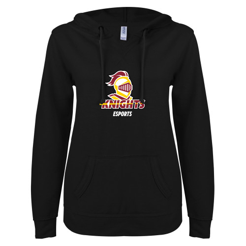  ENZA Womens Black V Notch Raw Edge Fleece Hoodie - Calvins Esports Stacked